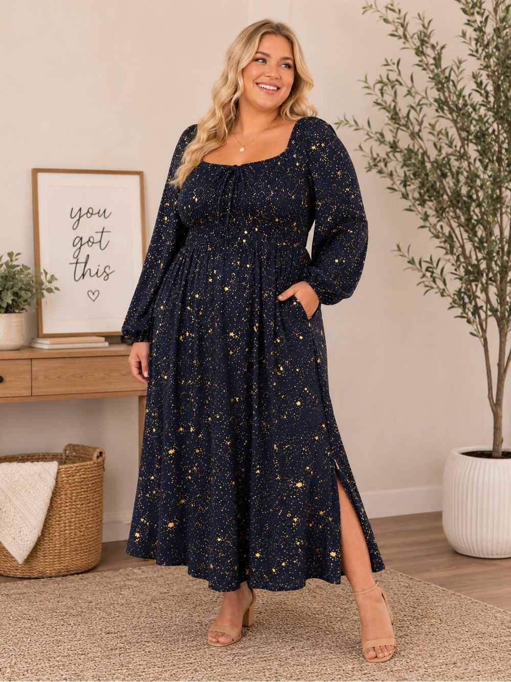 BloomChic Navy and Gold Star Print Long Sleeve Maxi Dress